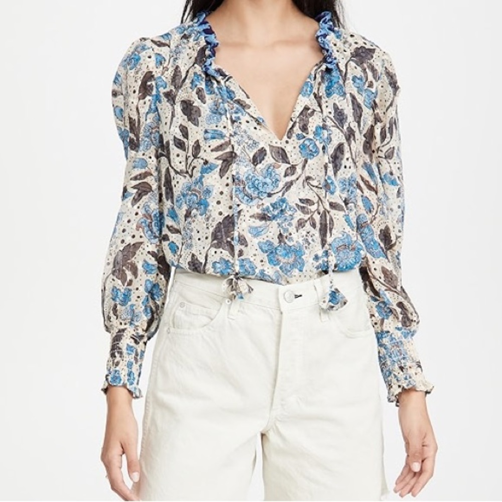 NWOT JOIE cream/blue floral smocked peasant blouse size XS new without tags